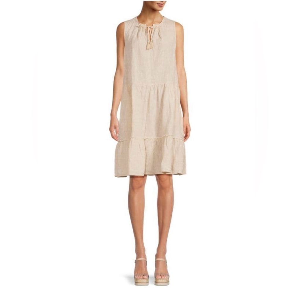 J. McLaughlin Christa Linen Tassel Tiered Shift Dress in Tan Size Medium NWT